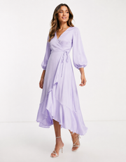 Liquorish Womens Bridesmaid Satin Wrap Midi Dress With Puff Sleeve in Dreamy Blue