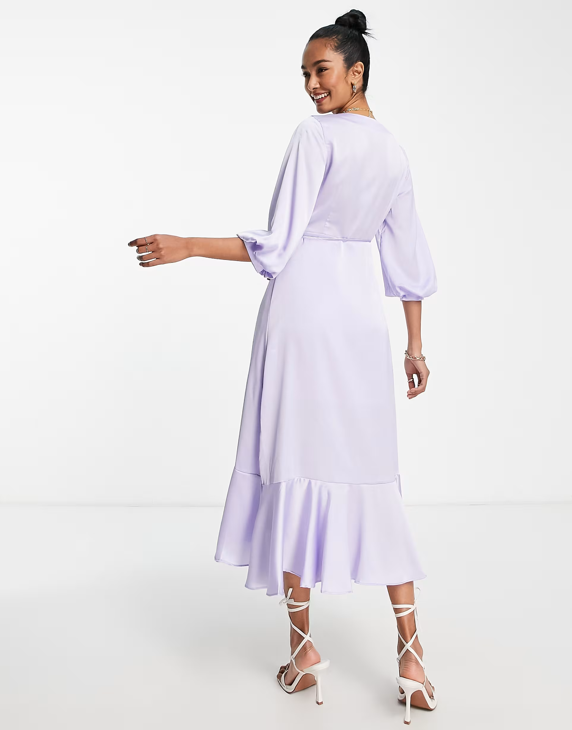 Liquorish Womens Bridesmaid Satin Wrap Midi Dress With Puff Sleeve in Dreamy Blue
