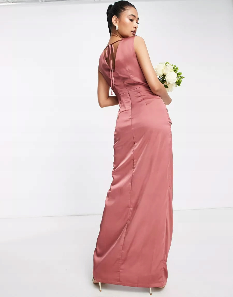 Liquorish Womens Bridesmaid Satin Wrap Front Maxi Dress in Forever Rose