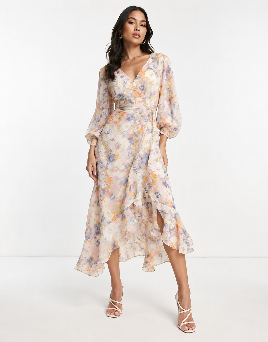 Liquorish Womens Satin Wrap Midi Dress With Puff Sleeve in Pastel Floral