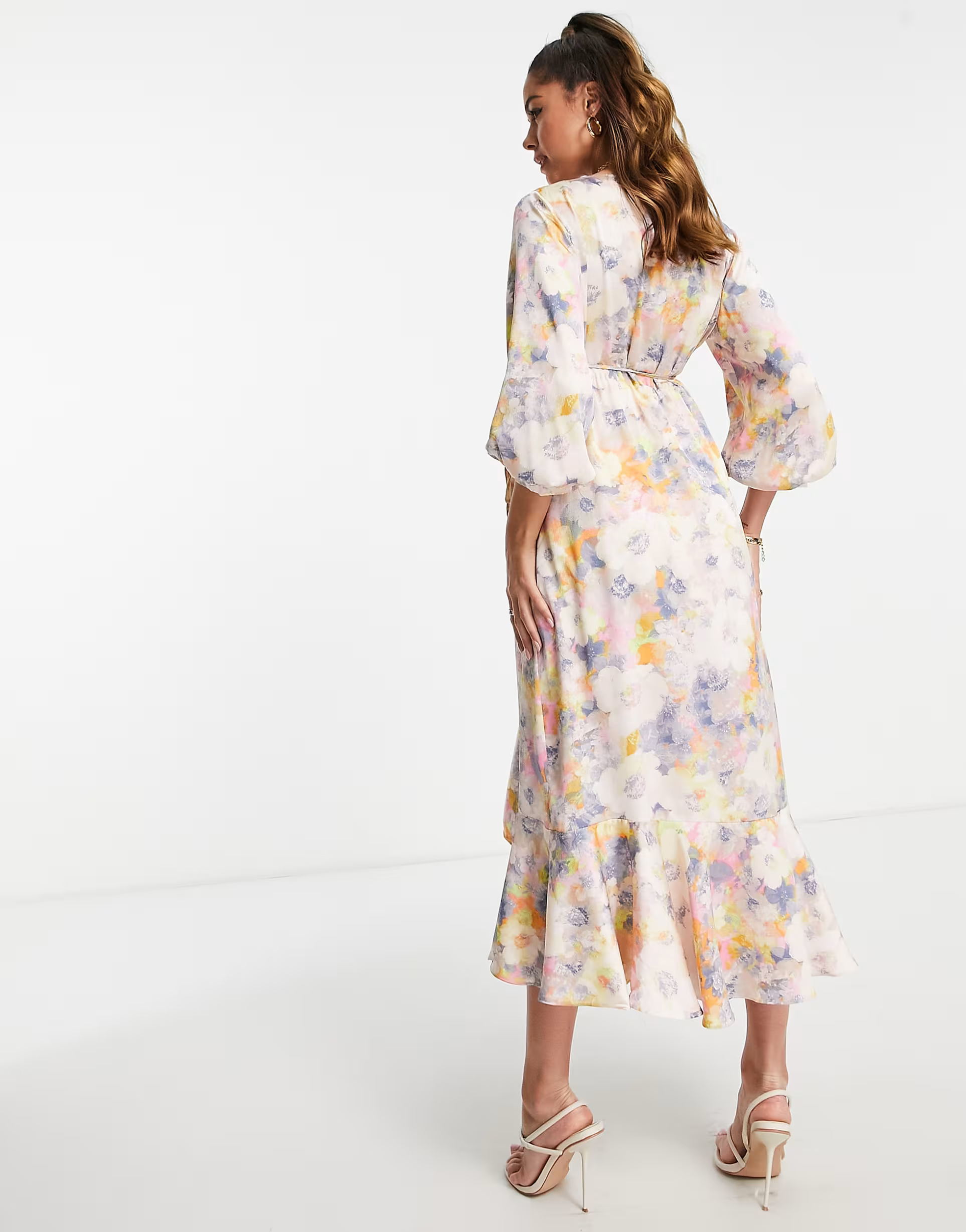 Liquorish Womens Satin Wrap Midi Dress With Puff Sleeve in Pastel Floral