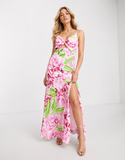 Liquorish Womens Satin Twist Front Maxi Dress With Split In Green & Pink