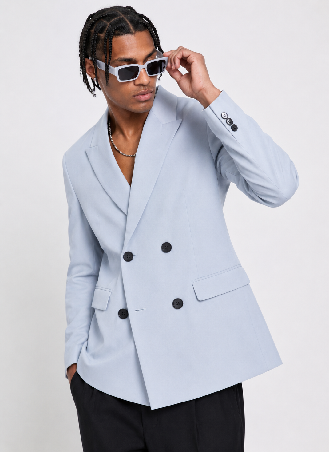 Mennace Mens Tailored Double Breasted Blazer in Dusty Blue