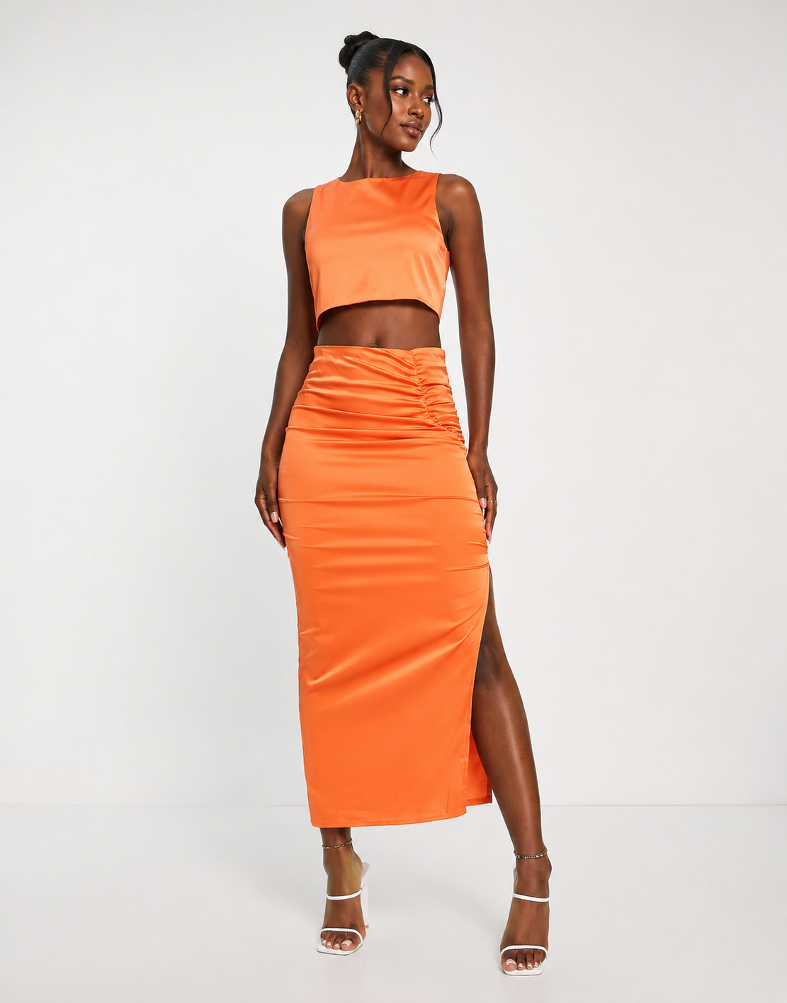 Pepper Mayo Womens Satin Ruched Side Midi Skirt in Orange