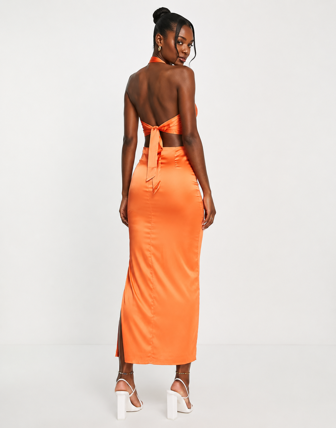 Pepper Mayo Womens Satin Ruched Side Midi Skirt in Orange