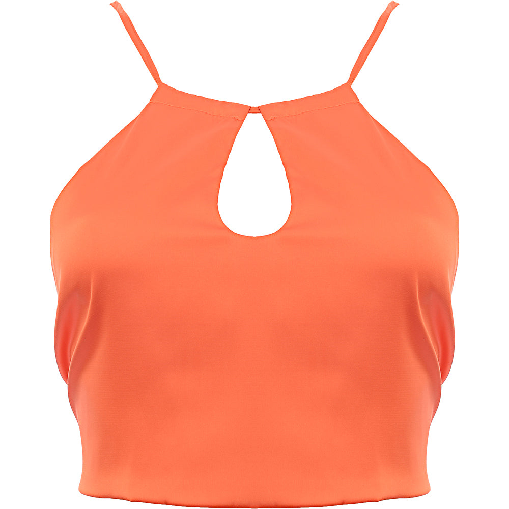 Peppermayo Women's Orange Satin Keyhole Halterneck Crop Top Co-ord