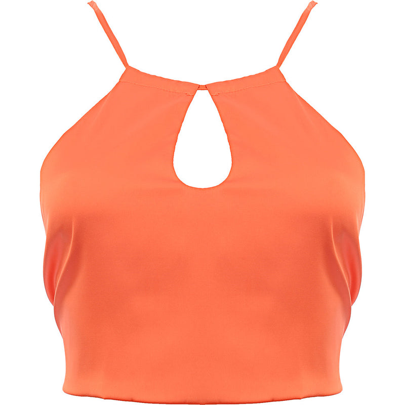 Peppermayo Women's Orange Satin Keyhole Halterneck Crop Top Co-ord