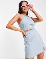 Tommy Jeans Womens Co-Ord Cotton All Over Critter Denim Mini Skirt in Light Wash