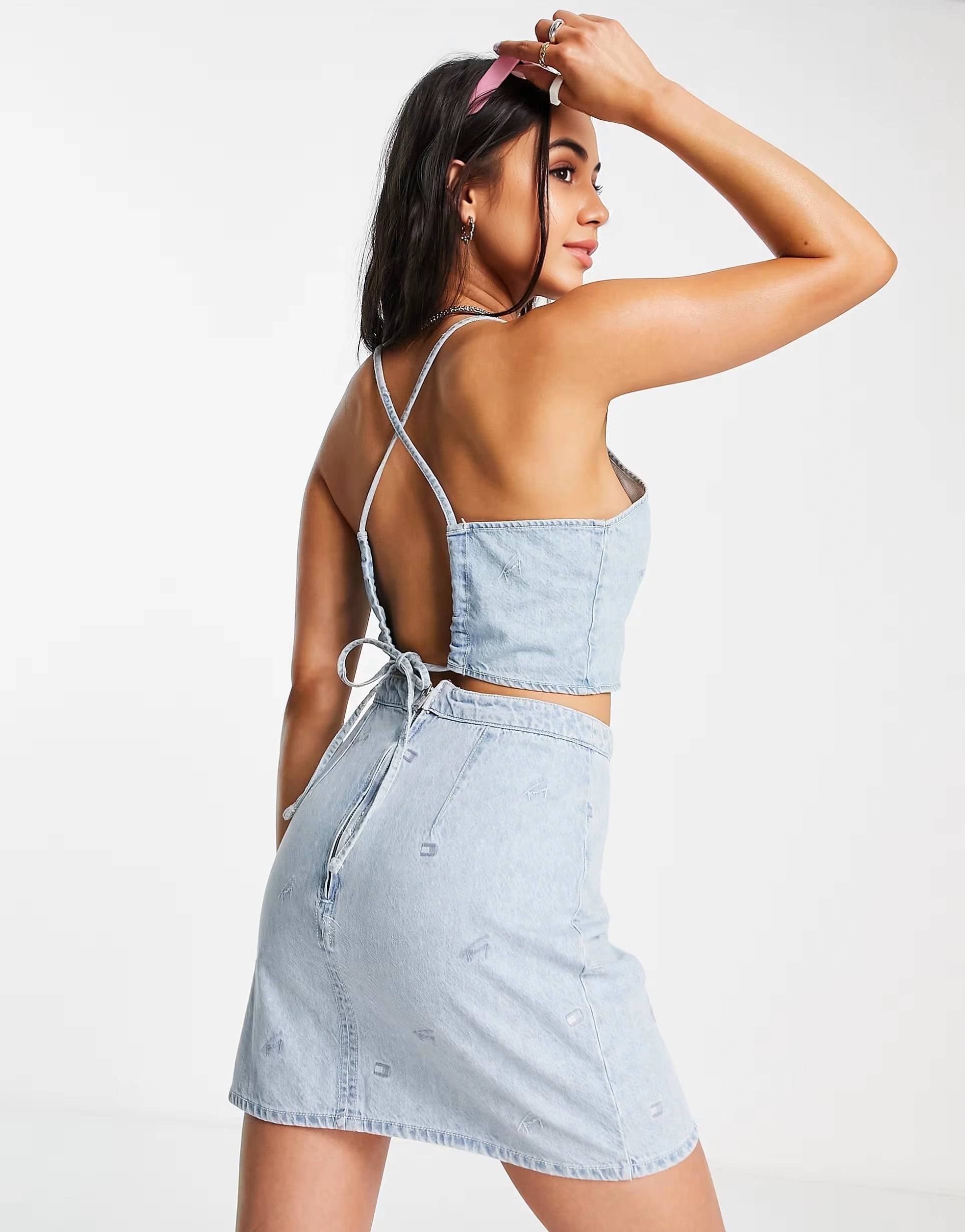 Tommy Jeans Womens Co-Ord Cotton All Over Critter Denim Mini Skirt in Light Wash
