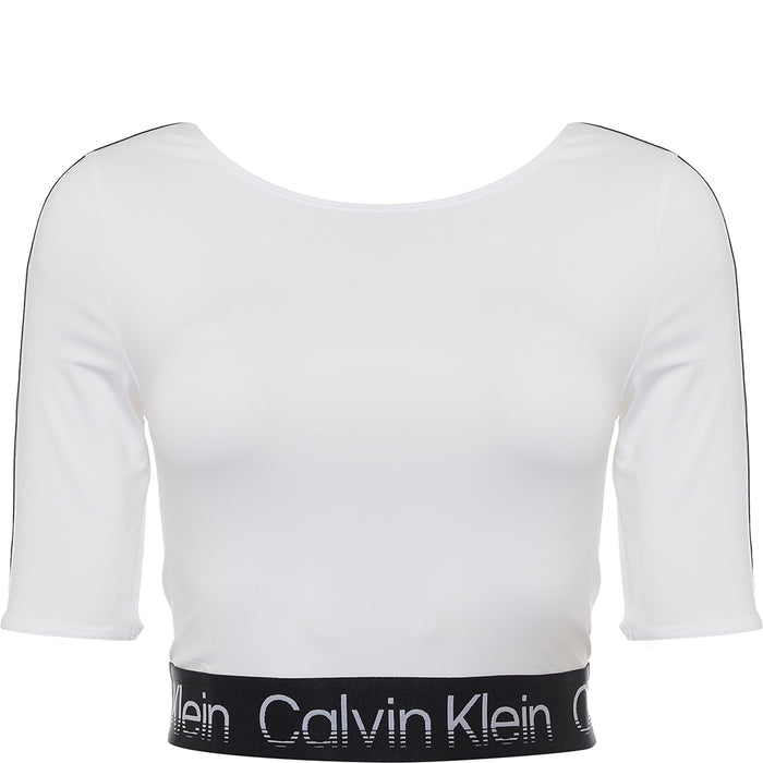 Calvin Klein Women's White Performance Scoop Neck Logo Tape Top