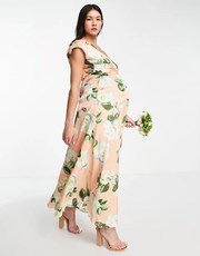 Liquorish Womens Maternity Plunge Front Maxi Dress in Peach Rose Print