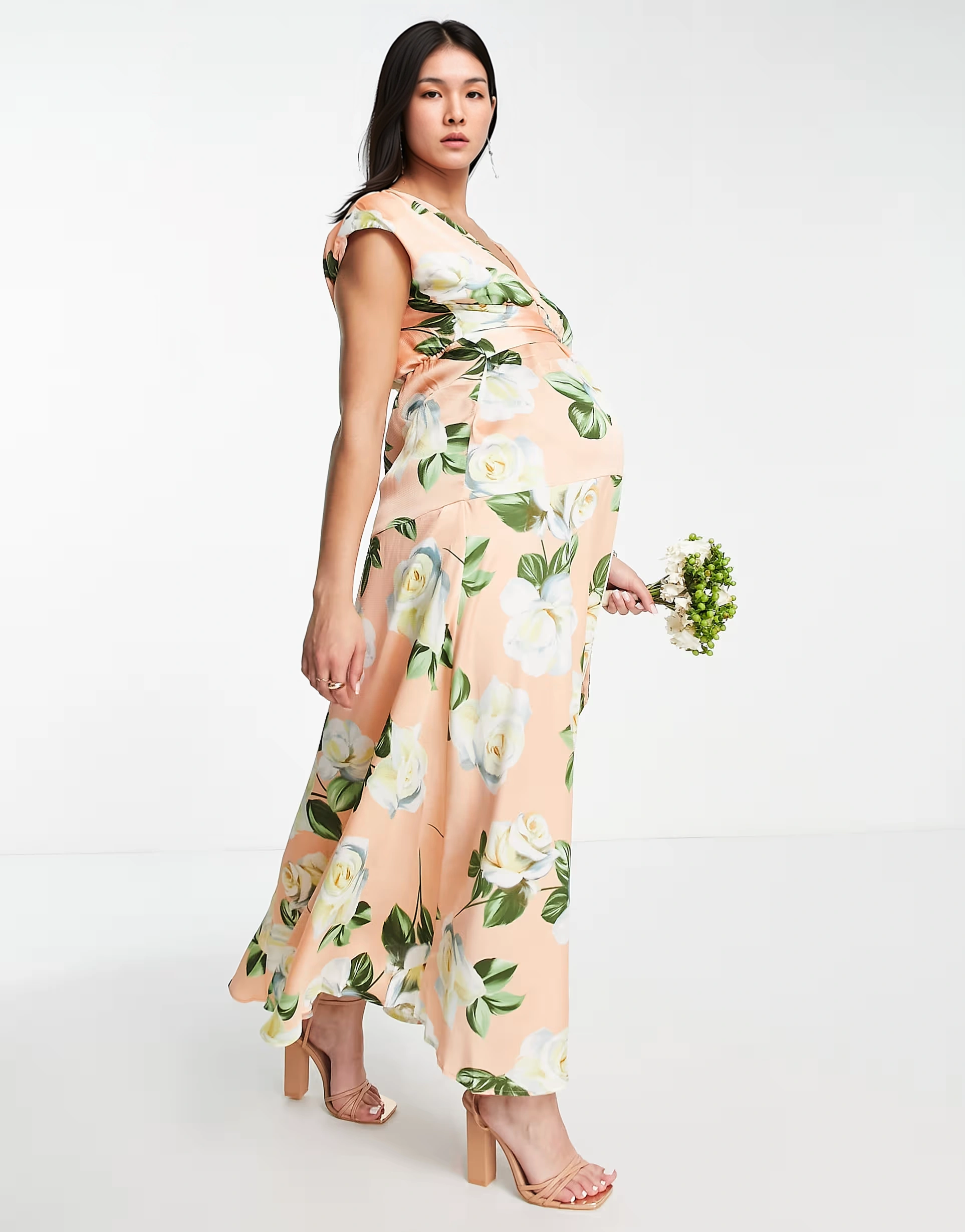 Liquorish Womens Maternity Plunge Front Maxi Dress in Peach Rose Print