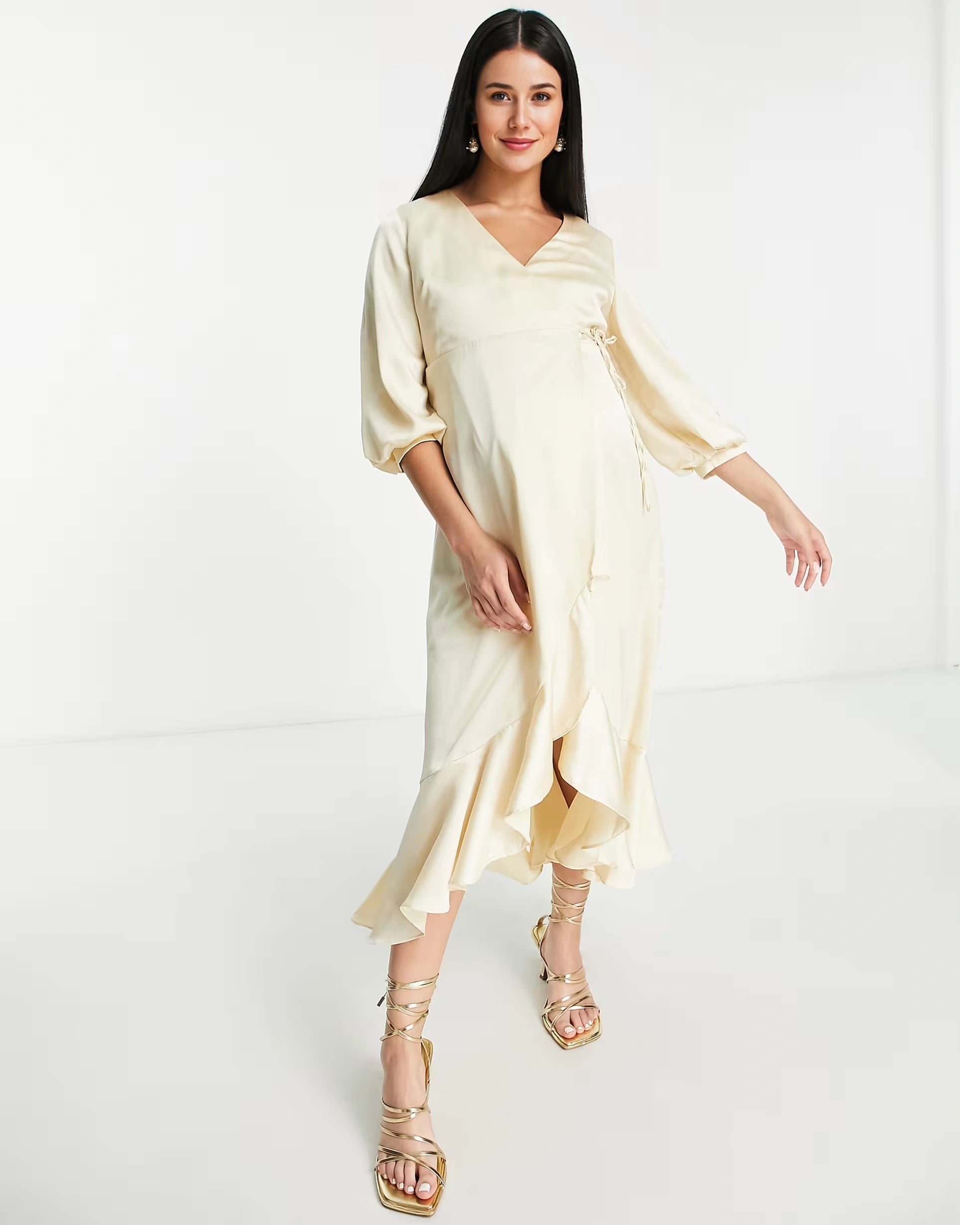 Liquorish Maternity Womens Bridesmaid Satin Wrap Midi Dress With Puff Sleeve In Champagne