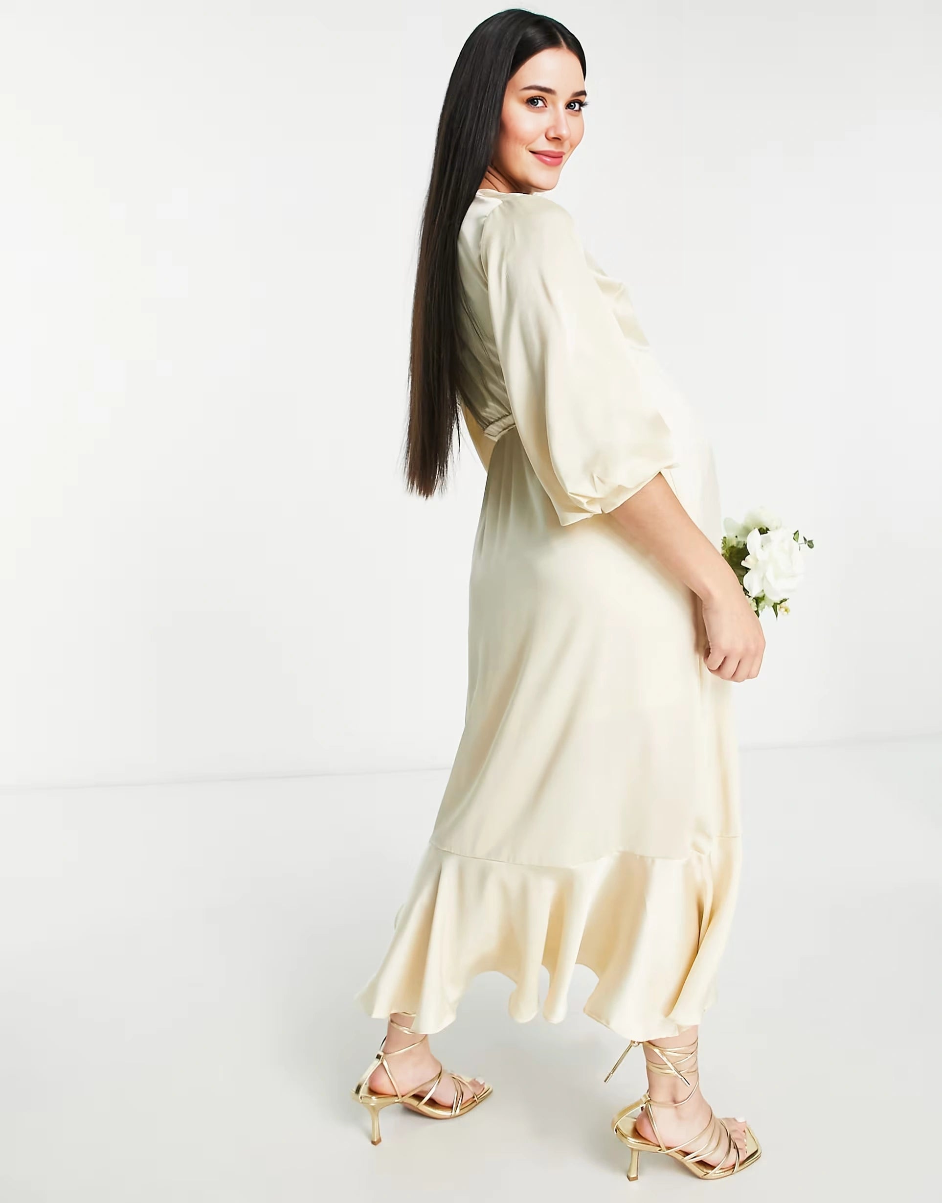 Liquorish Maternity Womens Bridesmaid Satin Wrap Midi Dress With Puff Sleeve In Champagne