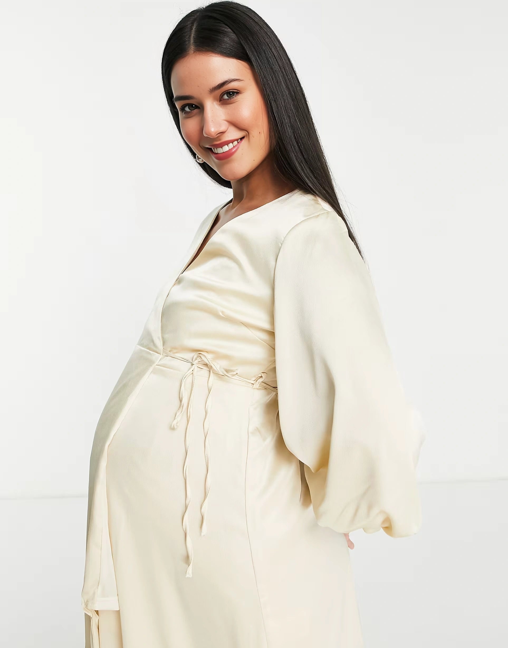 Liquorish Maternity Womens Bridesmaid Satin Wrap Midi Dress With Puff Sleeve In Champagne