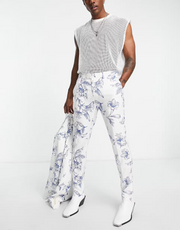 Devils Advocate Mens Devil's Skinny Fit Scallop Edge Floral Suit Trousers In White