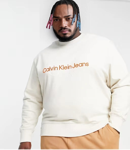 Calvin Klein Jeans Big & Tall Two Tone Monogram Sweatshirt Relaxed Fit in Stone