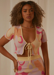 Womens Peppermayo Knitted Tie Front Crop Top Co Ord In Psychedelic Print