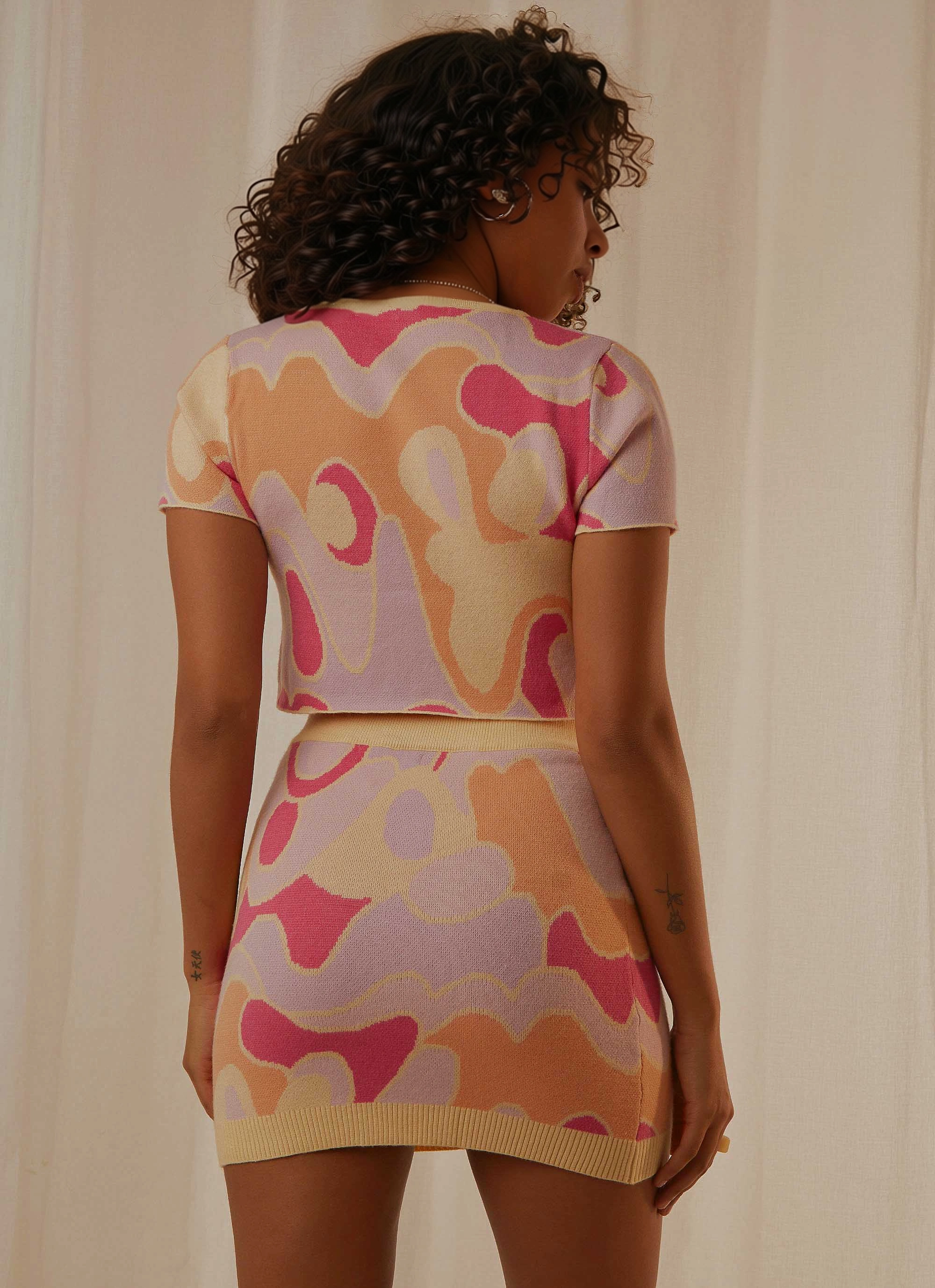 Womens Peppermayo Knitted Tie Front Crop Top Co Ord In Psychedelic Print