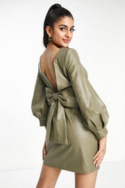 Forever New Womens Pu Low Back Mini Dress in Soft Khaki In Green