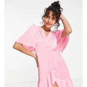 Flounce London Womens Petite Satin Wrap Front Mini Dress With Flutter Sleeves In Pink
