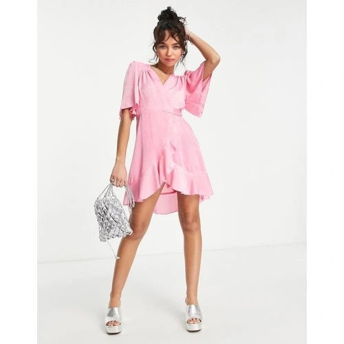 Flounce London Womens Petite Satin Wrap Front Mini Dress With Flutter Sleeves In Pink