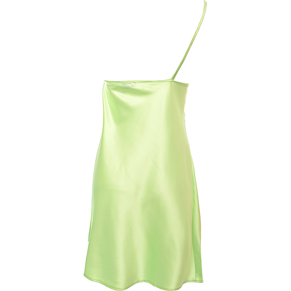 Flounce London Womens Lime Green Satin One-Shoulder Mini Dress