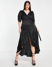 Flounce London Plus Womens Wrap Front Midi Dress With Flutter Sleeves in Black Satin