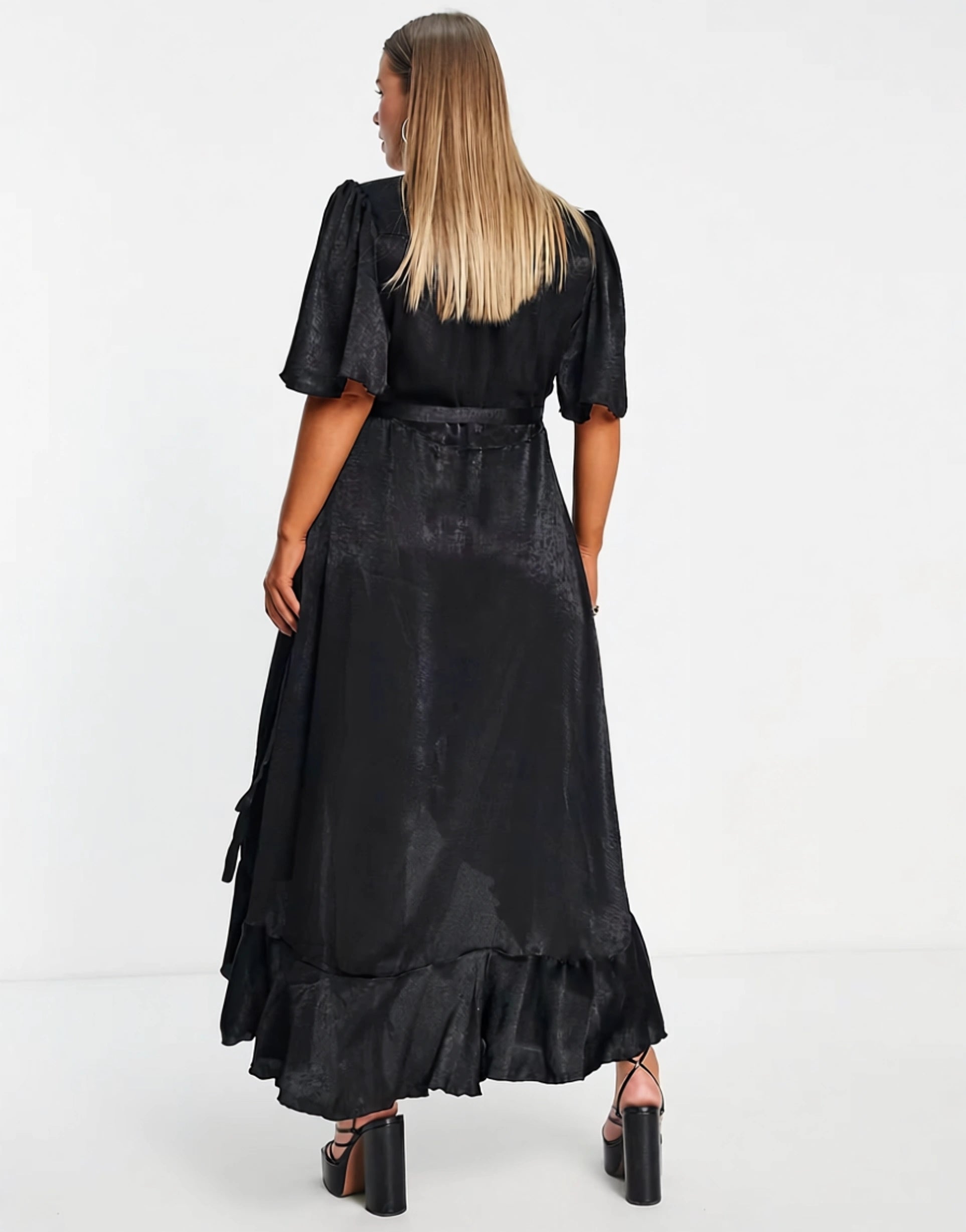 Flounce London Plus Womens Wrap Front Midi Dress With Flutter Sleeves in Black Satin