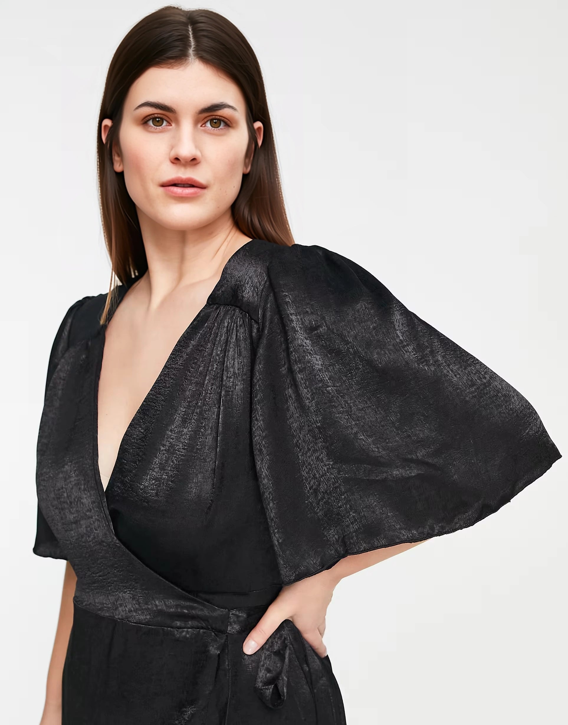 Flounce London Plus Womens Wrap Front Midi Dress With Flutter Sleeves in Black Satin