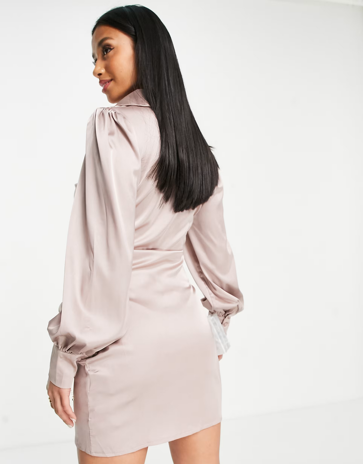 Parisian Womens Petite Ruched Satin Mini Shirt Dress in Mocha