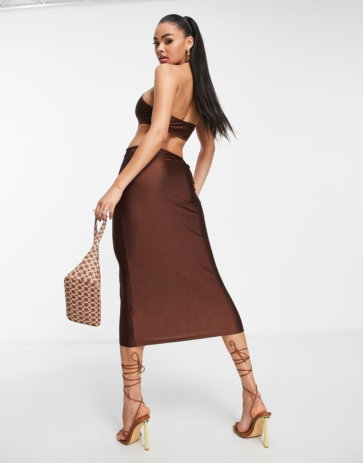 Parisian Womens Cut Out Halter Neck Midi Dress in Chocolate Brown