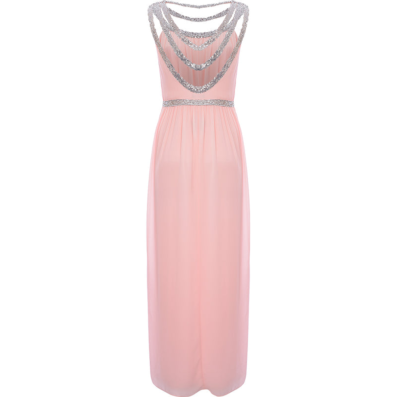 TFNC Women's Whisper Pink Bridesmaid Premium Embellished Back And Front Maxi Dress