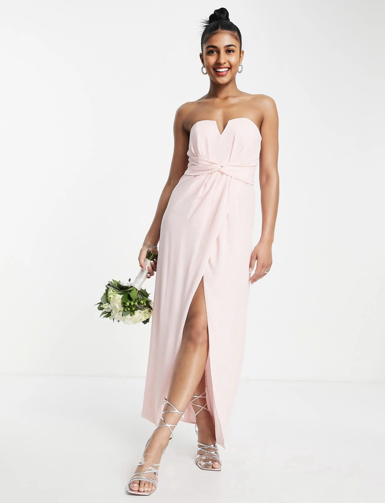 TFNC Womens Bridesmaid Bandeau Wrap Maxi Dress With Bow Back in Whisper Pink