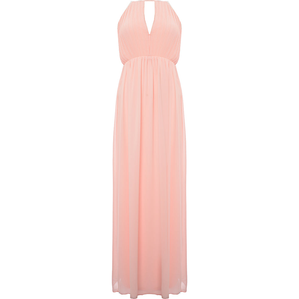 TFNC Women's Whisper Pink Bridesmaid Chiffon Maxi Dress With Pleated Front And Open Back Detail