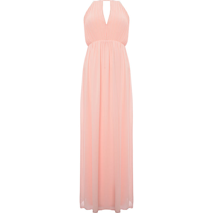 TFNC Women's Whisper Pink Bridesmaid Chiffon Maxi Dress With Pleated Front And Open Back Detail