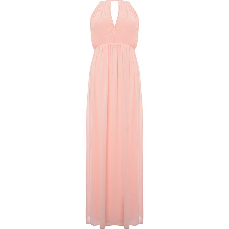 TFNC Women's Whisper Pink Bridesmaid Chiffon Maxi Dress With Pleated Front And Open Back Detail