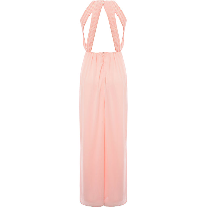 TFNC Women's Whisper Pink Bridesmaid Chiffon Maxi Dress With Pleated Front And Open Back Detail