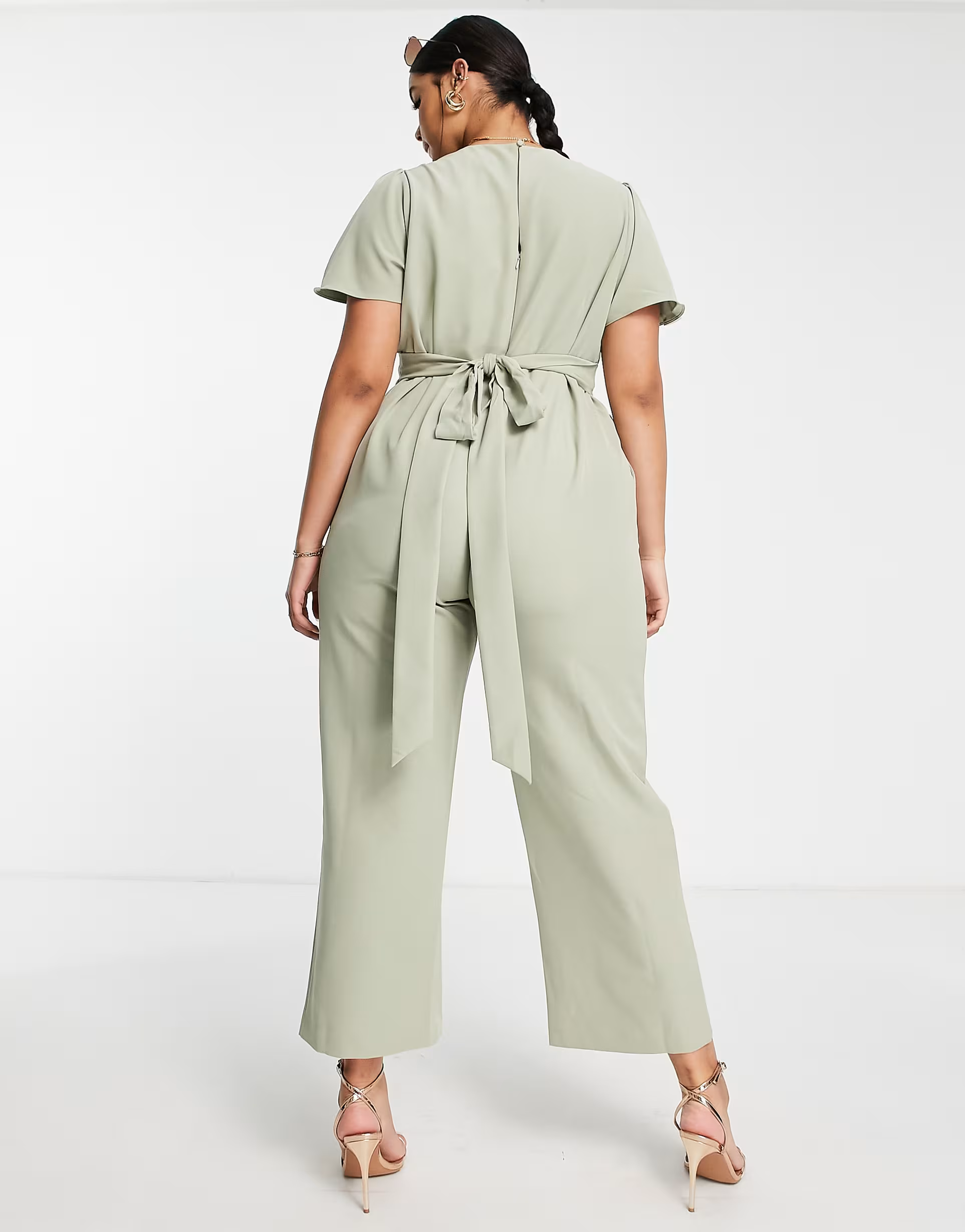 Forever New Curve Womens Flutter Sleeve Jumpsuit in Soft Khaki