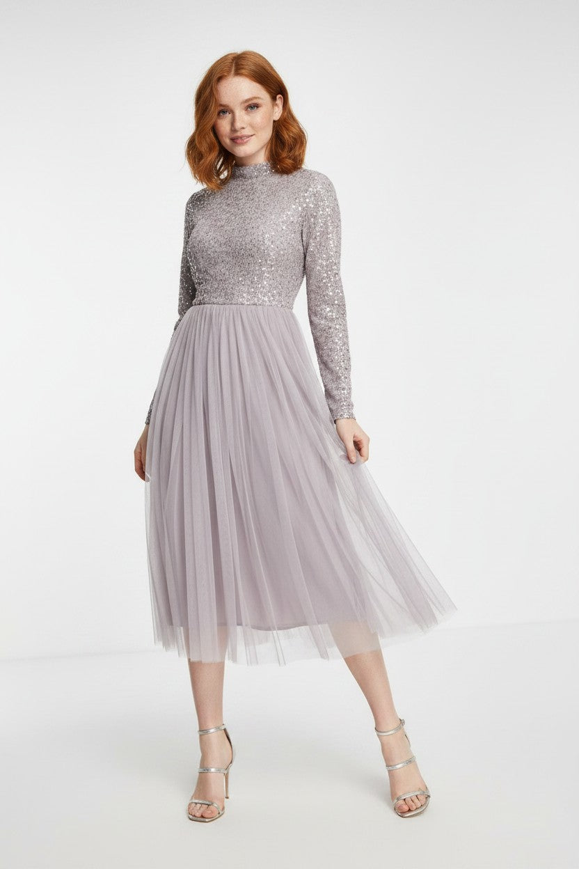 Beauut Womens Bridesmaid Embellished Midi Dress in Silver And Pink