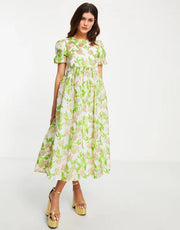 Womens Dream Sister Jane Lime Green Floral Jacquard Midi Smock Dress