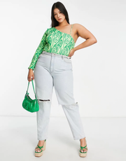 Womens Public Desire Curve Double Layer Slinky Plunge Bodysuit In Green Swirl