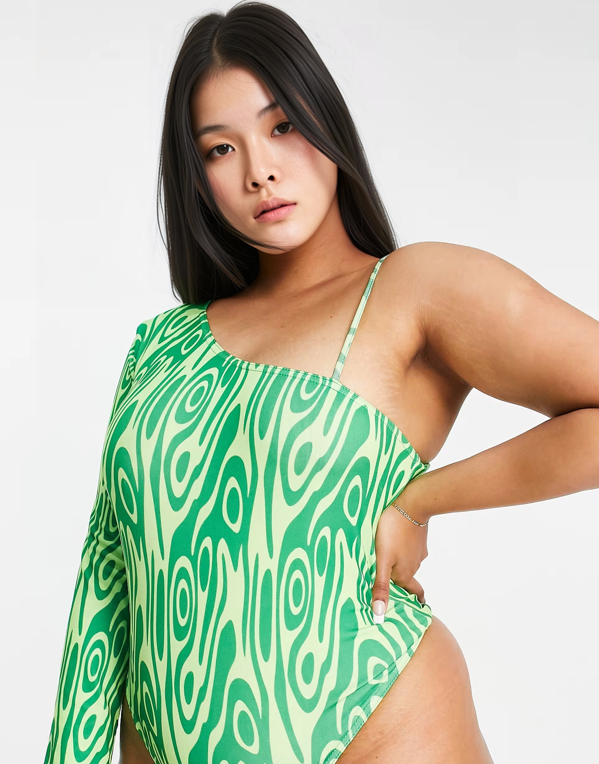 Womens Public Desire Curve Double Layer Slinky Plunge Bodysuit In Green Swirl