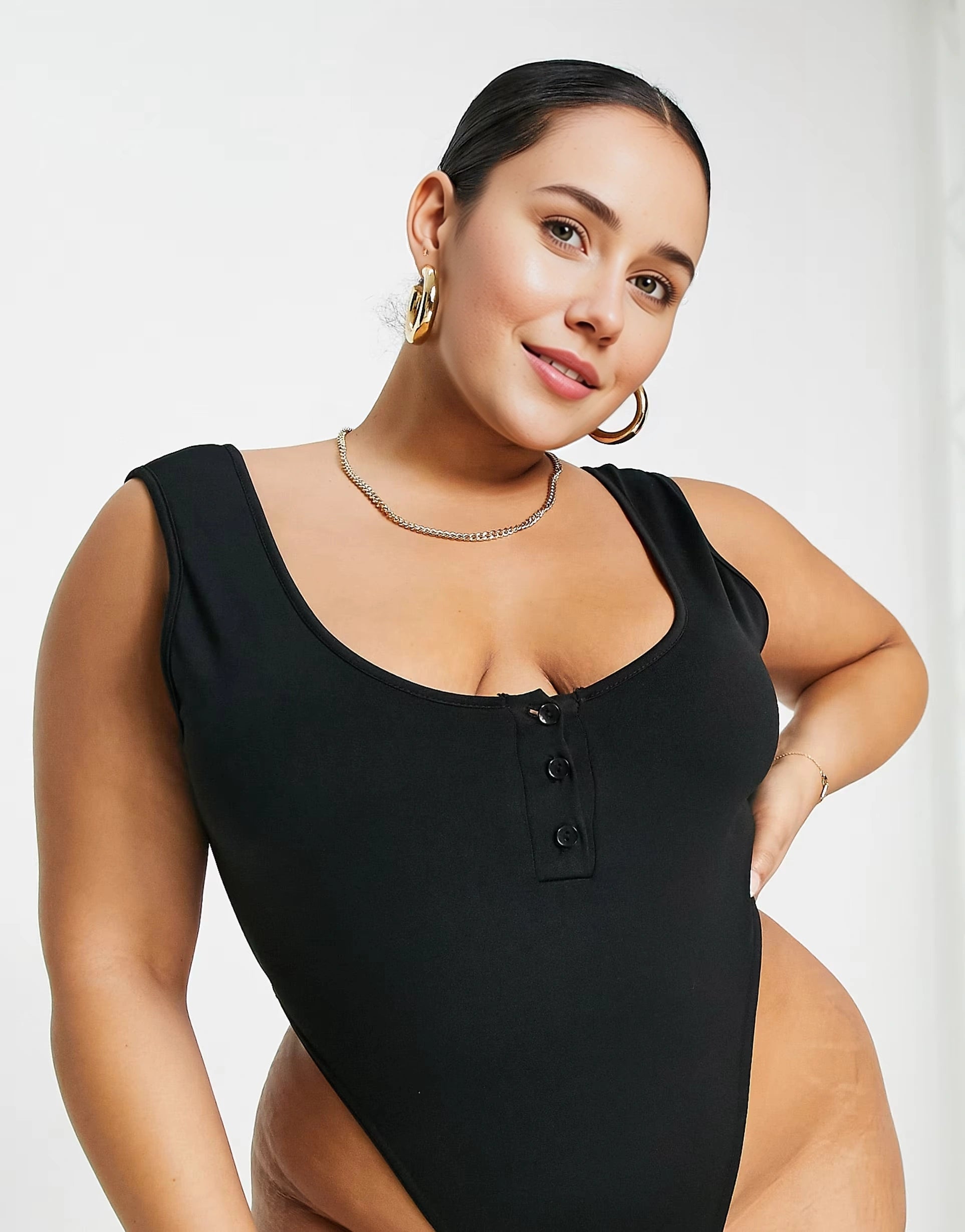 Public Desire Curve Womens Double Layer High Rise Button Front Bodysuit In Black