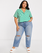 Extro & Vert Plus Womens Cropped Boxy Shirt in Bold Green Checkerboard