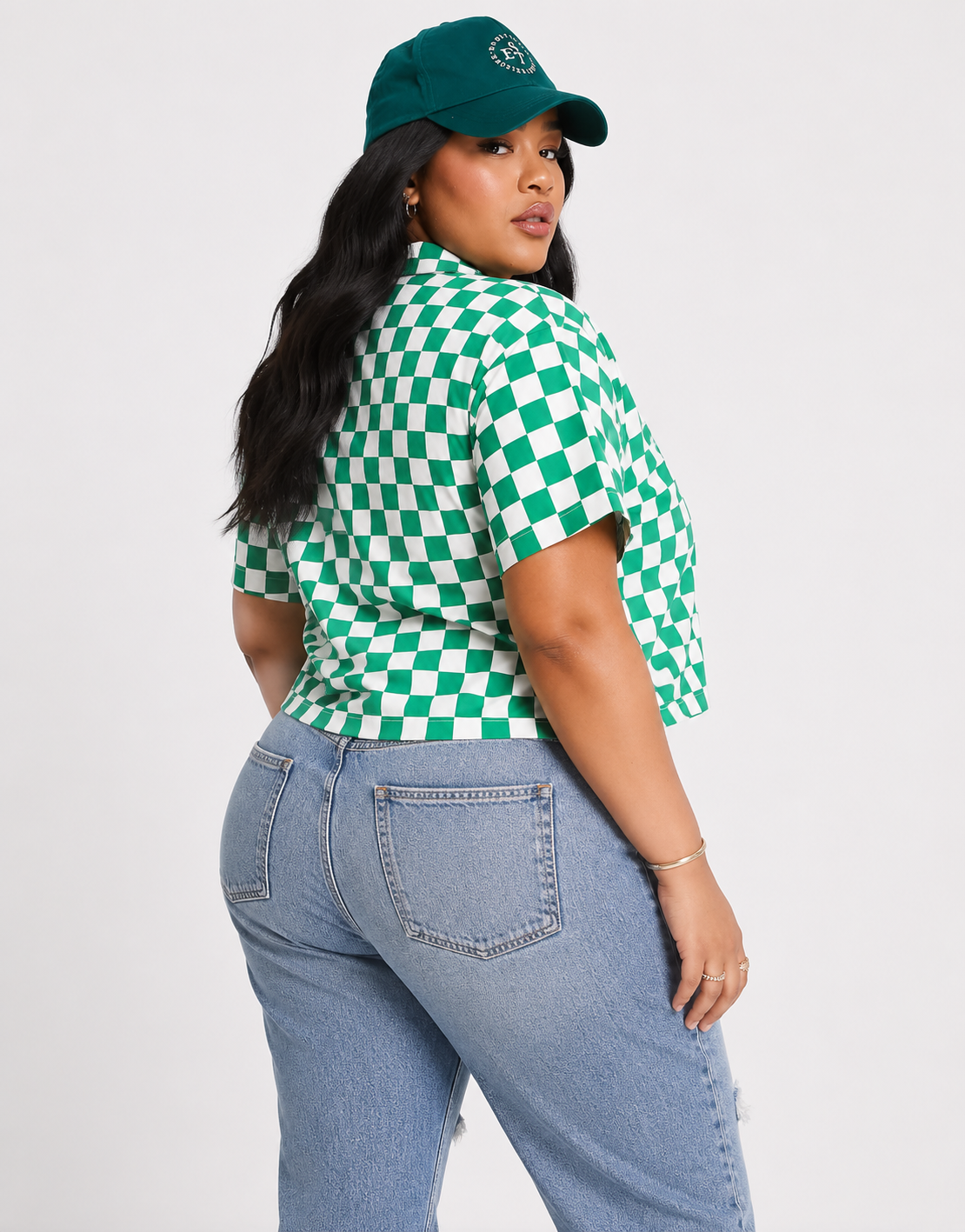 Extro & Vert Plus Womens Cropped Boxy Shirt in Bold Green Checkerboard