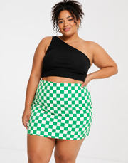 Extro & Vert Plus Womens Button Up Mini Skirt in Bold Green Checkerboard