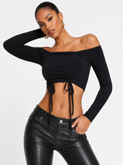 Parisian Womens Ruched Off Shoulder Crop Top In Black