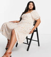 Womens Forever New Curve Tie Bust Split Midi Tea Dress In Ivory Floral