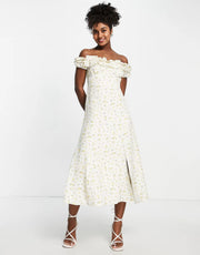 Forever New Womens Bardot Frill Midi Dress in Lemon Ditsy Floral